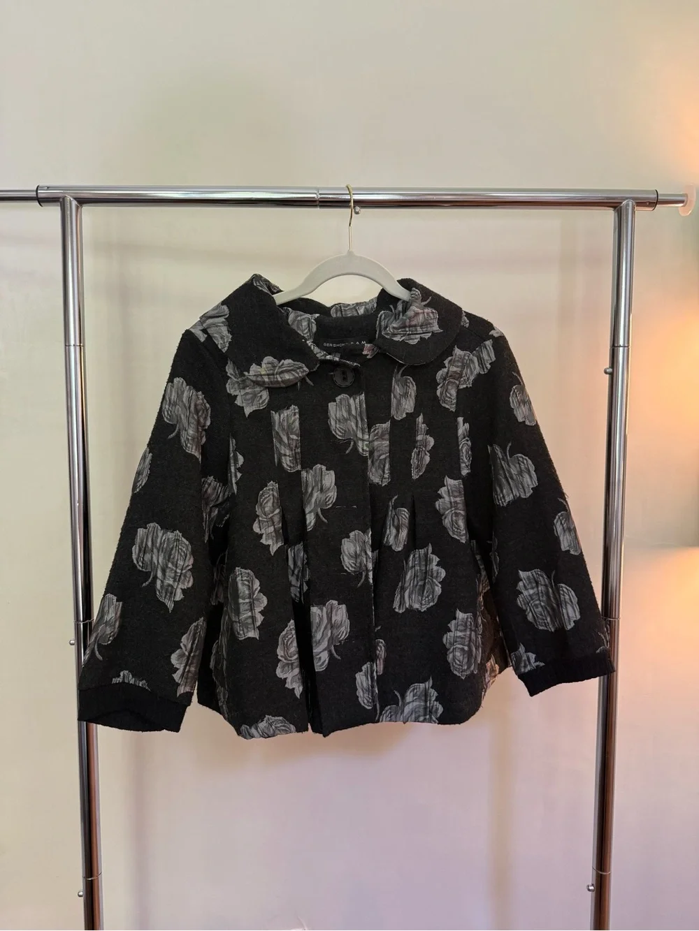 Girls' Black Floral Pea Coat with Peter Pan Collar